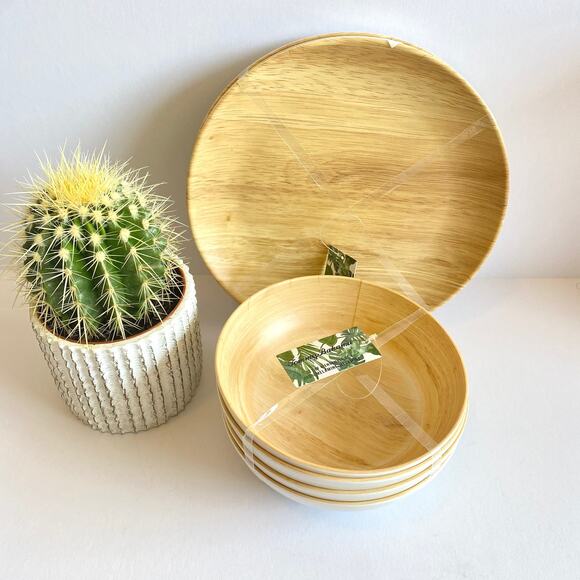 Tommy Bahama light wood plate and bowl set of 8 - Picture 1 of 4